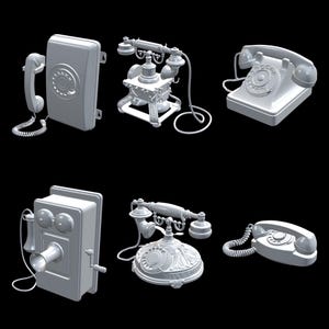 Può includere: Una collezione di sei telefoni antichi in una palette monocromatica. L'immagine mostra vari design, inclusi modelli a parete e da scrivania, con quadranti rotanti e dettagli ornati. I telefoni sono resi in un colore grigio chiaro neutro su uno sfondo nero.