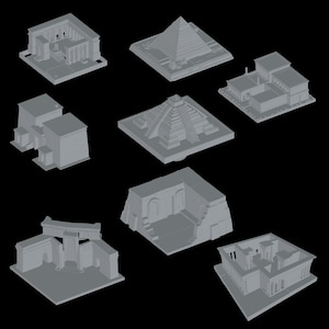 Peut inclure: Un ensemble de neuf modèles 3D gris de temples et de pyramides antiques. Les modèles sont tous de formes et de tailles différentes, et ils sont tous faits d'un matériau gris lisse.