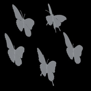 May include: Five white paper butterflies with a 3D effect, against a black background.