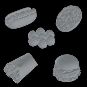 May include: A set of six grey food items, including a hot dog, a pizza, a burrito, a hamburger, and a group of six small round items.