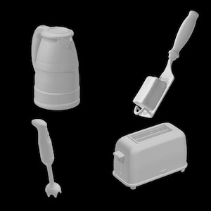 May include: A collection of white kitchen appliances against a black background. The items include an electric kettle, a hand blender, a cheese grater with a block of cheese, and a two-slice toaster.