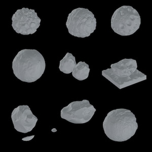 May include: A collection of 10 gray, rocky, moon-like objects. Some are round, some are irregularly shaped, and some are flat. The objects are isolated on a black background.