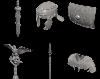 May include: A selection of grey Roman military items, including a helmet, shield, spear, sword, and chest armour. An eagle statue is on a column. The objects are against a black backdrop.