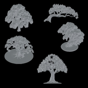 May include: Five gray 3D printed miniature trees, each with a unique shape and style. The trees are on a black background.