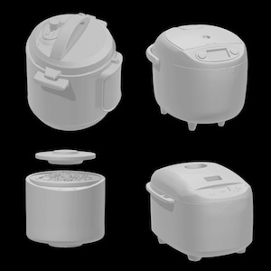 May include: A collection of four images showcasing a white rice cooker. The cooker is shown from different angles, including an exploded view of the inner components. The design features a handle, digital display, and a lid.