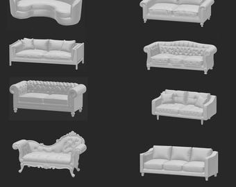 May include: A collection of white sofas in various styles, including a curved sofa, a classic two-seater, and a Chesterfield design. The sofas are rendered in a 3D style, showcasing their shapes and details against a dark background.