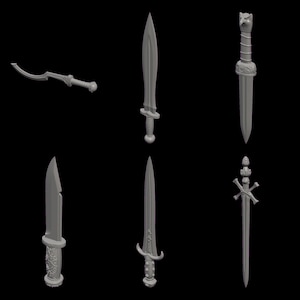 Puede incluir: Una colección de seis espadas y dagas grises, cada una con diseños únicos. Las hojas varían en forma, con empuñaduras y guardas ornamentadas. Las armas se muestran sobre un fondo negro.