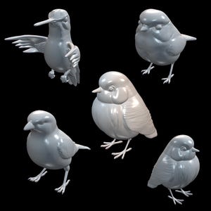May include: Five grey bird figurines in different poses, including one with outstretched wings. The birds have detailed feathers and beaks, set against a black background. These decorative bird sculptures are ideal for home decor.