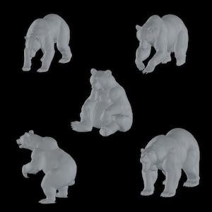 May include: Five white ceramic bear sculptures in different poses against a black background. The bears are all facing forward, with their heads tilted slightly to the side. They have a realistic appearance, with detailed fur and facial features.