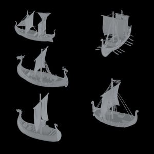 May include: Six different styles of Viking ships with sails, oars, and dragon heads. The ships are all white and are shown against a black background.
