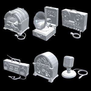 May include: A collection of vintage audio equipment, including a jukebox, a gramophone, a reel-to-reel tape recorder, a boombox, a radio, and a microphone. All items are rendered in a monochromatic, grayscale style, set against a black background.