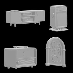 Puede incluir: Cuatro modelos 3D grises de electrónica y muebles de estilo retro. La imagen muestra una consola multimedia, una radio vintage, un altavoz futurista y un armario arqueado decorativo, todo en una paleta monocromática.