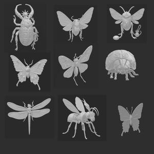 Può includere: Una collezione di nove sculture di insetti bianchi, tra cui uno scarabeo, farfalle, una libellula e un'ape, sono esposte su uno sfondo scuro. Ogni insetto è finemente dettagliato, mostrando ali e segmenti del corpo. Le sculture variano per dimensioni e posa.