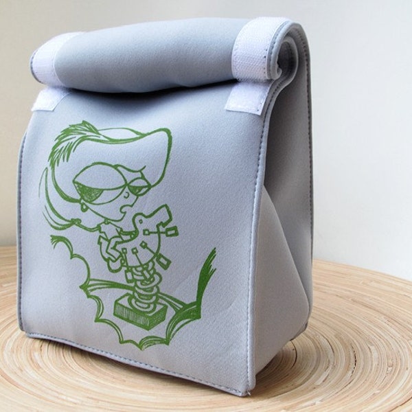 Elliot the Pirate . Lunch Bag . Original Drawing . Hand Screenprinted . Grey Neoprene Velcro Lunchbag