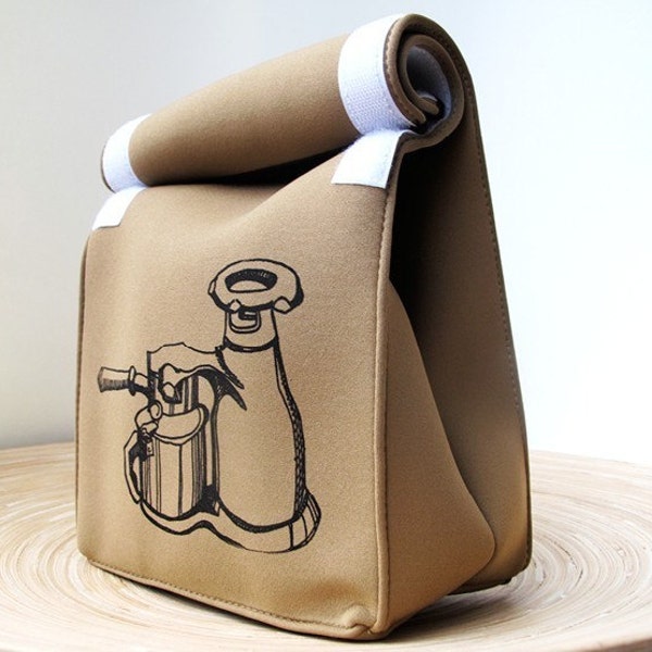 Espresso . Lunch Bag . Coffee Lover Original Drawing . Screenprinted by Hand . Brown Neoprene Velcro Lunchbag