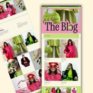 May include: A website layout titled The Blog featuring a grid of fashion photography. Images display lime green suits, bright pink shirts, red trousers, a dark brown faux fur jacket, green handbags, red roses, and green retro telephones.