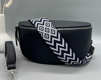 Bum bag for women leather dark blue, shoulder bag with patterned strap crossbody bag, belt bag, shoulder bag, festival bag