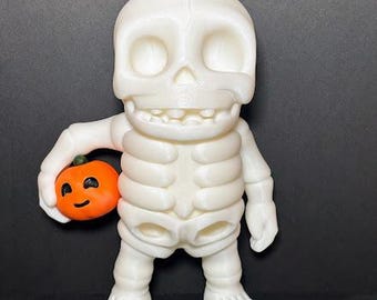 Large Articulating 3D Printed White Skeleton Holding a Jack-O’-Lantern