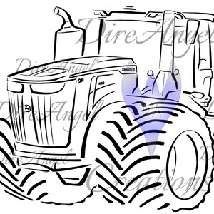 May include: Black and white line art illustration of a John Deere 9R 440 tractor. The tractor has large tyres and a detailed design.