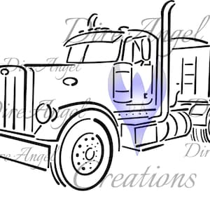 Può includere: Disegno in bianco e nero di un camion con rimorchio. Il camion ha una cabina grande e un rimorchio lungo. Il camion è rivolto a destra.