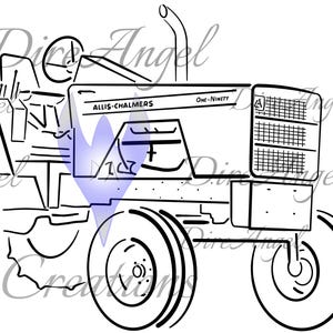 May include: A black and white line drawing of an Allis-Chalmers One-Ninety tractor. The illustration shows the tractor's large wheels, engine, and cab. The tractor's name is printed on the side.