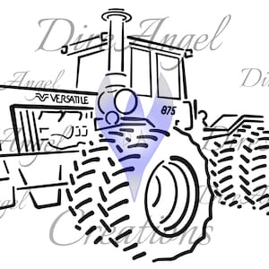 May include: Black and white line art illustration of a Versatile 875 tractor. The tractor has a large front tyre and a smaller rear tyre. The tractor is facing the right side of the image.