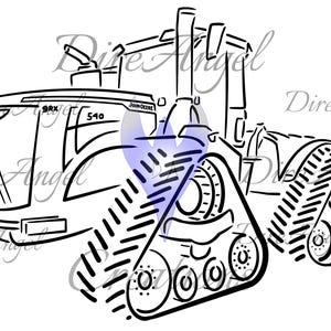 May include: Black and white line art illustration of a John Deere 9RX 540 tractor with tracks. The tractor is facing the right side of the image.
