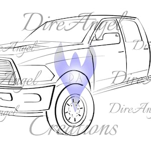 Pode incluir: Desenho linear de uma pick-up com uma grelha dianteira detalhada, espelhos laterais e rodas. A carrinha é mostrada numa vista lateral, mostrando a sua cabina e caixa de carga. A imagem tem o texto "Dire Angel Creations" no fundo.