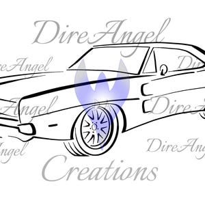 Pode incluir: Ilustração a preto e branco de um carro clássico. O desenho mostra um perfil baixo e rodas detalhadas. O texto "Dire Angel Creations" está incluído.