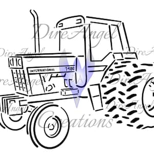 May include: Black and white line drawing of an International 1486 tractor. The tractor has a large rear tire and a smaller front tire. The tractor has a cab with a windshield and a door.