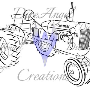 May include: Line drawing of an Allis-Chalmers tractor. The tractor is black and white with large rear tires and a front grill. The text "ALLIS-CHALMERS" is visible on the hood. The image also includes the text "Dire Angel Creations".
