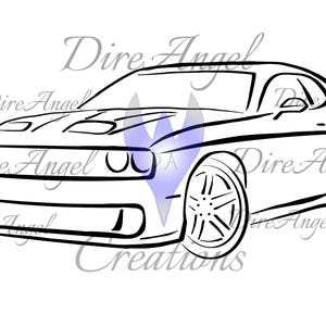 Pode incluir: Desenho de linha de um carro de músculo preto e branco. O carro tem um capô grande e uma grade frontal proeminente. O carro é desenhado de uma maneira simples e estilizada.