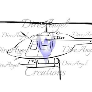 May include: A black and white line drawing of a helicopter. The helicopter has a single rotor and a tail rotor. The helicopter is in flight.