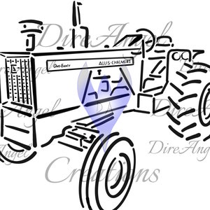 May include: Black and white line art illustration of an Allis-Chalmers tractor. The tractor has a large rear tire and a smaller front tire. The text "Own-Exity" and "ALLIS-CHALMERS" are visible on the tractor.