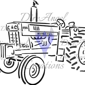 May include: Black and white line art illustration of an International 1066 tractor. The tractor has a large rear tire and a smaller front tire. The tractor has a cab and a hood. The tractor is a classic farm vehicle.