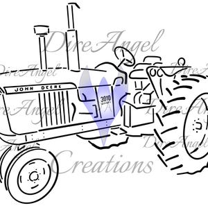 May include: Black and white line drawing of a John Deere 3010 tractor. The tractor has a large front tire and a smaller rear tire. The tractor is facing to the right.