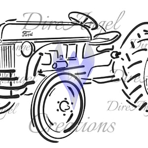 May include: Black and white line drawing of a vintage Ford tractor. The tractor has a large front tire, a smaller rear tire, and a steering wheel. The word "Ford" is visible on the front of the tractor.