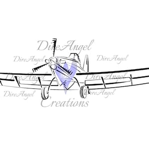 May include: A black and white line drawing of a small airplane. The airplane is facing forward with the wings spread out. The airplane has a propeller on the front and a tail.
