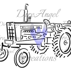 May include: Black and white line drawing of an Oliver 1650 tractor. The tractor has a large front tire, a smaller rear tire, and a tall exhaust pipe.