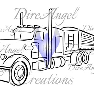 May include: A black and white line art illustration of a semi-truck with a trailer. The drawing features a prominent front grille, large wheels, and tall exhaust stacks. The text Dire Angel Creations is overlaid across the image in a watermark style.