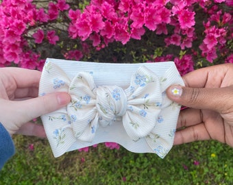 Bluebell Rib Knit Baby Head Wrap Bow, Floral Baby Headband, Floral Baby Hair Bow, Baby Bow Head Wrap,