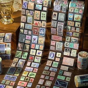 PET-tapes met postzegelserie [2 meter] - snijbare tape - dieren, planten reizen, retro-objectthema's - voor plakboek, dagboek, plakboekdecor