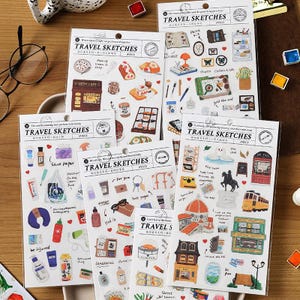 Serie Travel Sketches - Adesivo Washi [1 foglio] - Oggetto da viaggiatore in stile retrò giapponese - Per scrapbooking, decorazione di diario, diario di viaggio