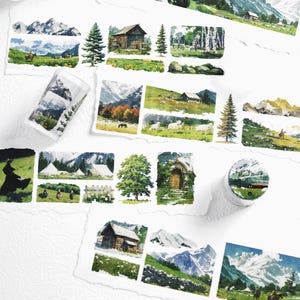Serie Wild Path [2 m] Washi Tapes - Motivo con scena naturale di montagna e prateria per album, diario, giornale, quaderno - Nordico scandinavo