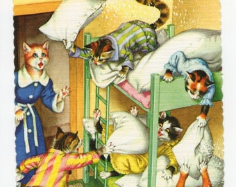 Mainzer Cats * Bedtime Pillow Fight * Sleepover * 4748 * Alfred Mainzer * Eugen Hartung * Unused * Vintage Postcard * Deckle Edge