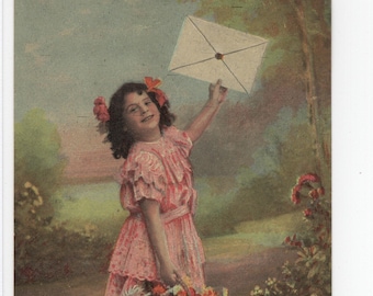 Little Girl with Giant Envelope * Birthday Greetings * Canceled Stamp * 1909 Victorian Era * Early 1900s * Vintage Postcard