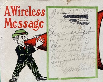 Wireless Message * Man With Bullhorn * 1905 * Canceled Stamp * Used * Antique Postcard