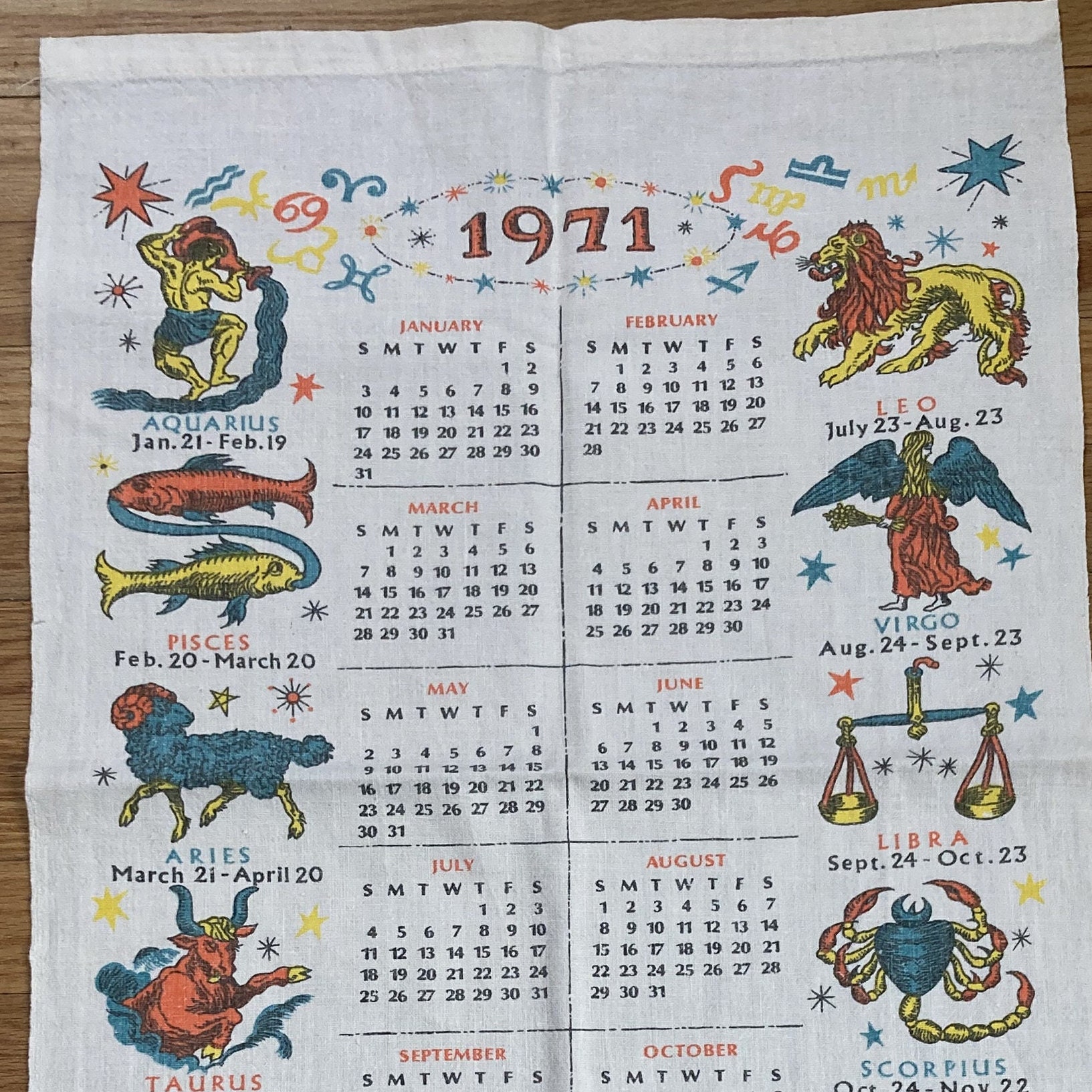 Zodiac Signs, 1971, Vintage Calendar Tea Towel - Etsy