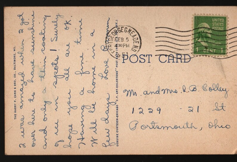 1951 Vintage Curteich Postcard Fort Meade Maryland Main Barracks