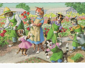 Mainzer Cats * In The Garden * 4927 * Eugen Hartung * Belgium * Unused * Vintage Postcard * Deckle Edge